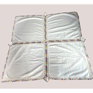 Handcrafted Vintage White Cotton Tablecloth With Colorful Crochet Trim